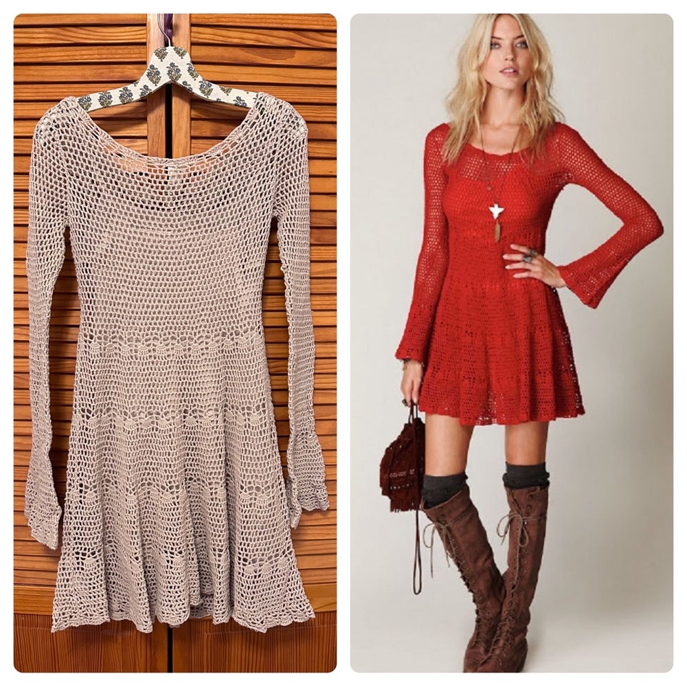 🦴🤍Free People Bone Beige Crochet Bell Sleeve Mini Dress sz M